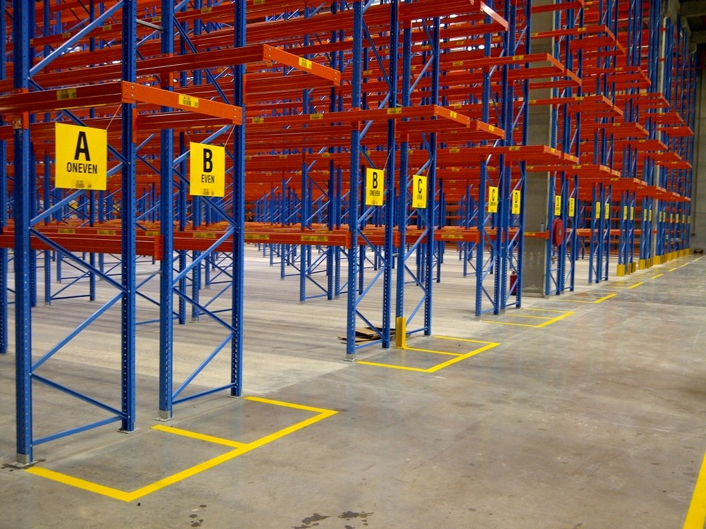 Warehouse shelving with labelled stock locations