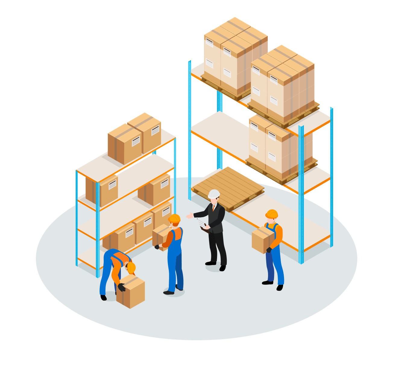 Warehouse shelving with stock connected to online sales channels